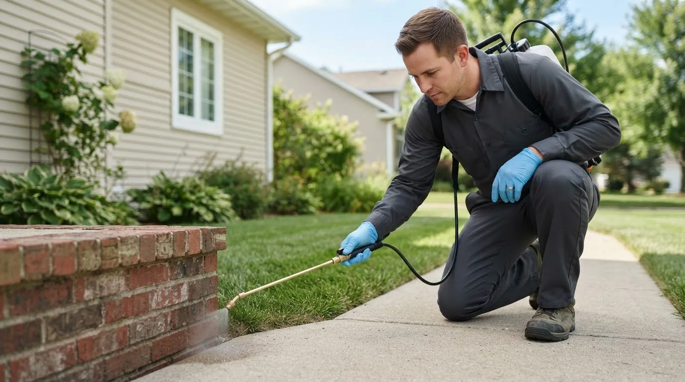 Pest control technician treating a home near Hudson, MA